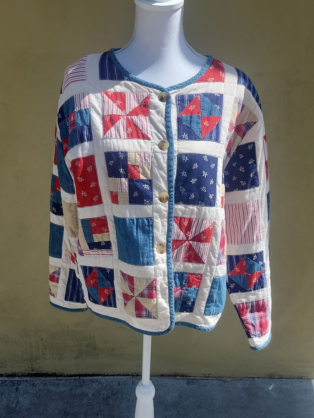 Susan Bristol Vtg Patchwork Quilted Jacket - Red, Blue & White
